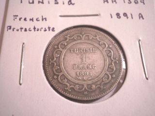 1891 Tunisia French Protectorate Silver 1 Franc photo