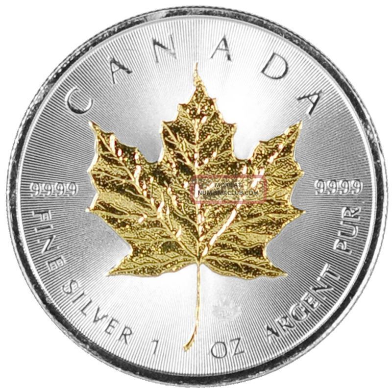 2014 1oz 9999 Fine Silver Canadian Maple Leaf 24k Gold Gilded Leaf Coin ...