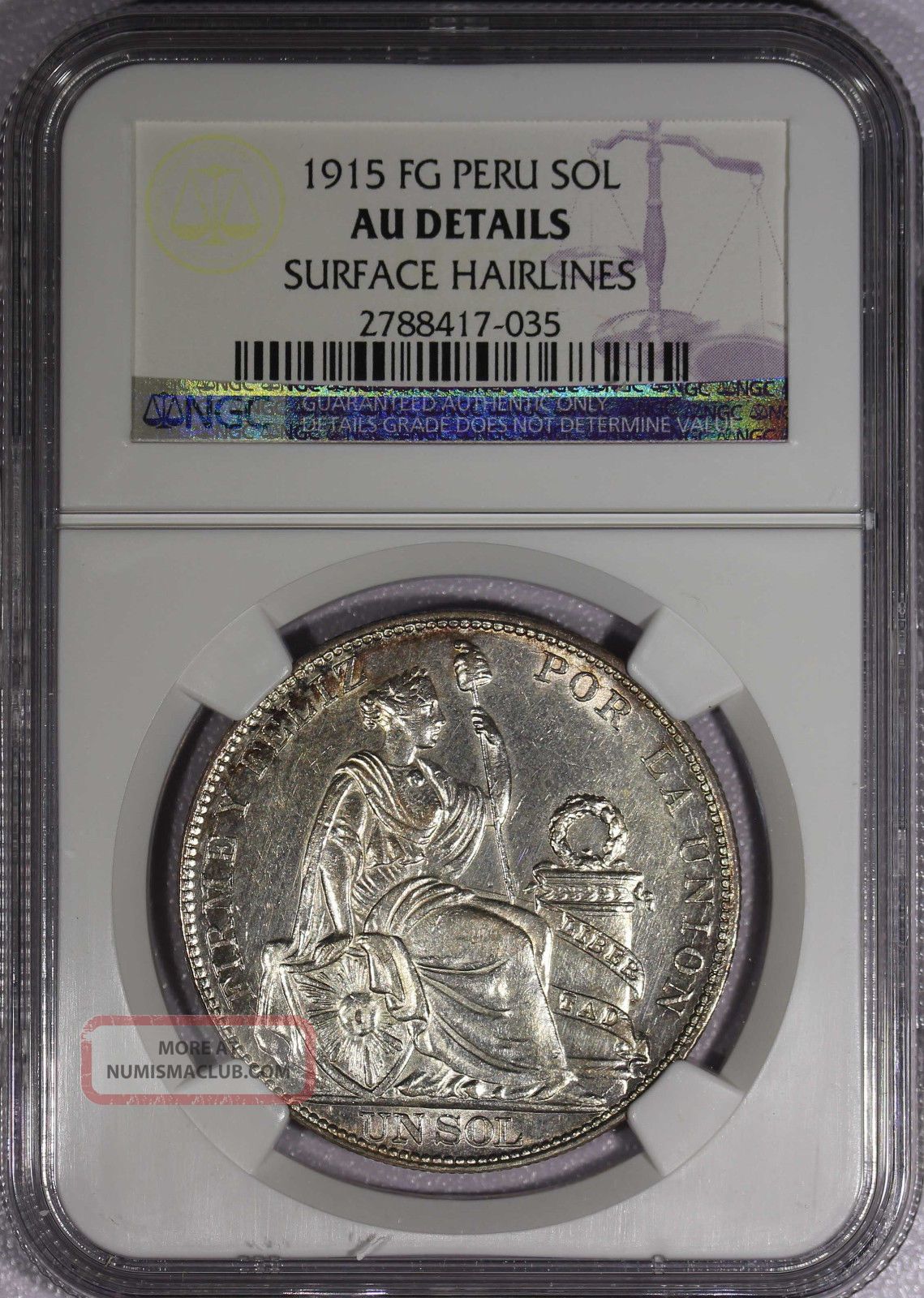 Peru Silver 1915 - Fg Sol Graded Ngc Au Details South America photo