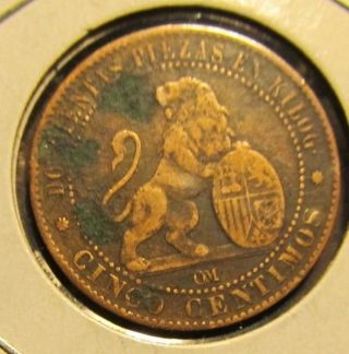 1870 Spain Cinco Centimos 2 F Cond.  Cinco Gramos Rare,  Key Date Spanish photo
