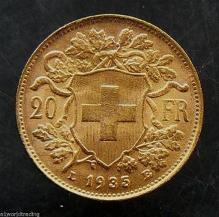 1935 - B Swiss Helvetia 20 Francs Gold Coin photo