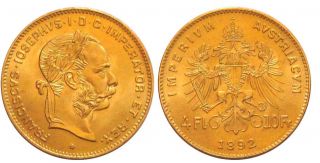 1892 Austria 10 - Franc (4 - Florin) Gold Coin Au - photo