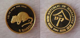 1984 Pure 999.  9 Gold Singapore 1/20th Oz 5 Singold Year Of The Rat photo