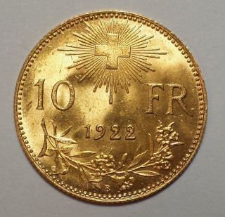 1922 - B Switzerland 10 Franc Gold 1c Start.  0933 Agw photo