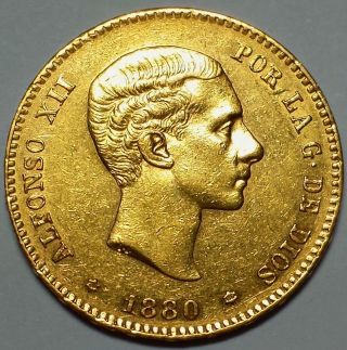 1880 Spain 25 Pesetas Gold 1c Start photo