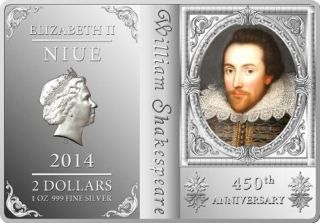 2014 450th Anniversary Of William Shakespeare - 1 Oz Silver Proof Coin photo