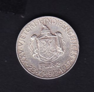 1912 - 1937 Albania.  2 Fr.  Ar.  Silver Coin 10 Gr Rare.  See The Picture.  N 0.  78 photo