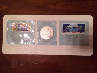 Franklin Sterling Silver Apollo Soyuz 1975 Coin & Us & Russian Stamps photo