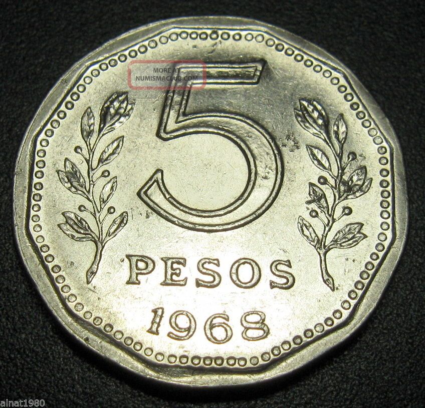 Argentina 5 Pesos Coin 1968 Km 59 Sailnig Ship