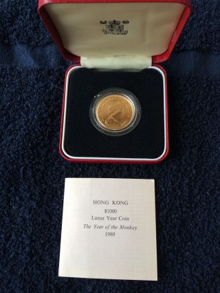 Hong Kong 1980 $1000 Gold Lunar Year Coin (year Of The Monkey) W/ Box & photo