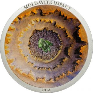 2014 Moldavite Impact - Silver Meteorite Color Curved Coin $5 Cook Islands photo