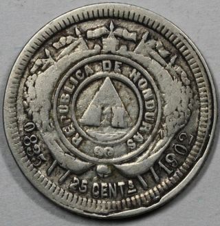 1902 Honduras Silver 25 Centavos Coin photo