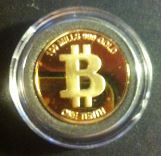 Bitcoin 2013 Physical Metal Novelty 1/10 Btc Rare.  999 Gold Plated Coin photo
