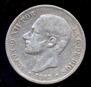 358 - Indalo - Spain.  Alfonso Xii.  Silver 5 Pesetas 1882 8 - Msm photo