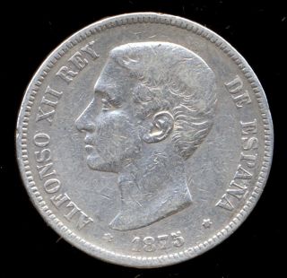 356 - Indalo - Spain.  Alfonso Xii.  Silver 5 Pesetas 1875 - 75 Dem photo