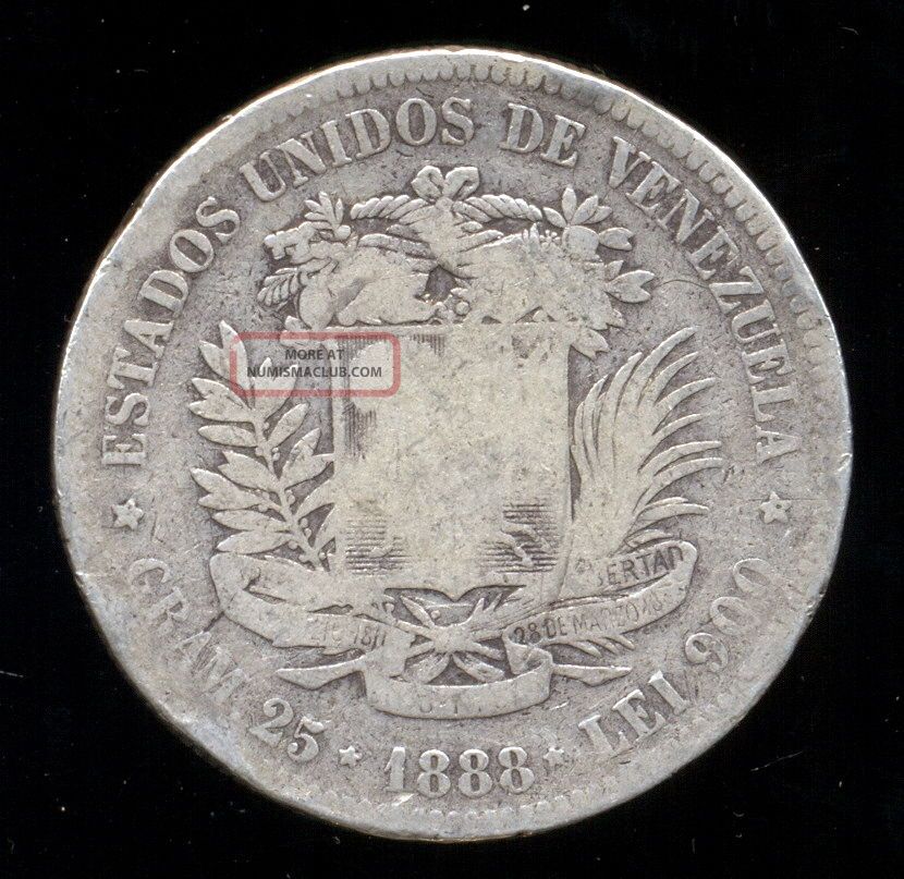 349 - Indalo - Venezuela.  Silver 5 Bolivares 1888.  Scarce South America photo