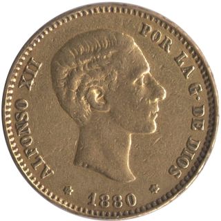 1880 25 Pesetas Alfonso Xii Gold Coin.  2332 Agw.  Sku: 236 photo