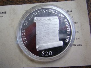 Commemorative Bill Of Rights Proof Silver Coin - - 20 Grams.  999 Silver W/coa photo