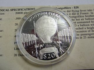 Commemorative Montgolfiere Balloo Proof Silver Coin - - 20 Grams.  999 Silver W/coa photo