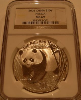 China 2002 Silver 10 Yuan Panda Ngc Ms - 69 photo