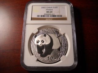 2002 China Silver Panda 10 Yuan Coin Ngc Ms - 69 photo