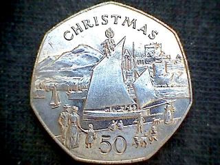Isle Of Man 1981 50 Pence Christmas,  Manx Nickey Boat,  Unc photo