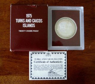 1975 Turks And Caicos Islands 20 Crowns Silver Proof With photo