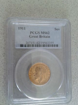 Pcgs Uncirculated 1911 Ms62 Gold Full Sovereign Coin British Ms Bu.  2354 Troy Oz photo