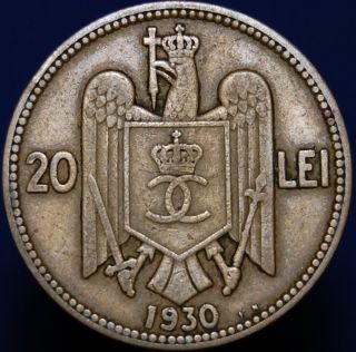 Romania 20 Lei 1930 Kn Carol Ii Eagle Nickel - Brass Coin Km 51 photo