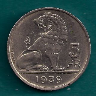 Belgium 5 Francs 1939 Seated Lion Design Belgie – Belgique Legend Coin photo