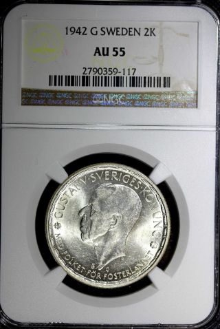 Sweden Gustaf V Silver 1942 G 2 Kronor Ngc Au55 First Yeartype Mintage:200,  00 photo