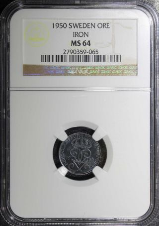 Sweden Gustaf V Iron 1950 1 Ore Ngc Ms64 Wwii Issues.  Km 810 N/r photo