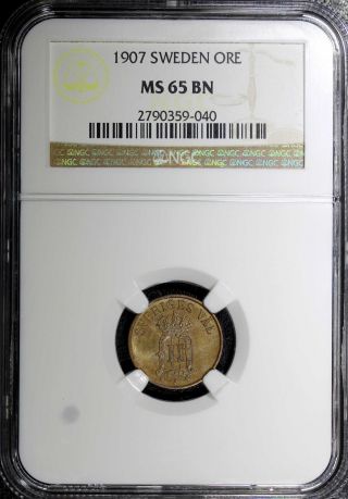 Sweden Oscar Ii Bronze 1907 1 Ore Ngc Ms65 Bn Top Graded Km 768 N/r photo