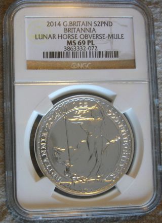 2014 1 Ounce Silver £2 Britannia Lunar Horse Obverse Error Coin Mule Ms69pl photo