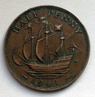 L1 Uk Great Britain 1/2 Penny,  1941 Ww2 Wwii Era Ship photo