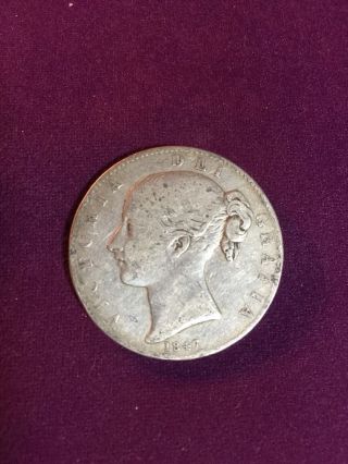 1847,  Great Britain,  Queen Victoria.  Large Silver Crown Coin.  Vf Estate Find photo
