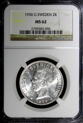 Sweden Silver Gustaf V 1936 G 2 Kronor Ngc Ms62 Low Mintage:491,  296 Km 787 photo