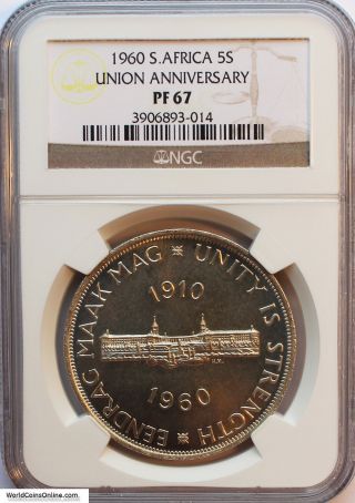 South Africa 1960 Silver 5 Shillings,  Ngc Pf - 67.  Union Anniversary. photo