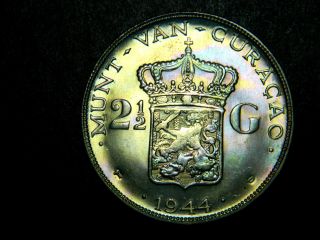 Curacao,  2 1/2 Gulden,  1944.  Unc With Light Rainbow Toning,  Silver Dollar Size photo