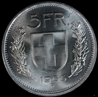 1966 B Swiss 5 Francs,  5 Frank Switzerland Silver Coin Bu Gem Uncirculated photo