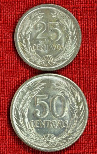 El Salvador X 2: 1953 25 Centavos And 1953 50 Centavos, .  900 Silver - Top Grades photo