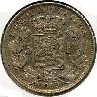 Belgium 1869 Silver Coin - 5 Francs - Leopold Ii - Wfc Ku221 photo