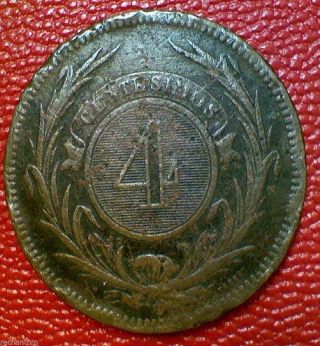 World Coin Vintage Uruguay 4 Reales 1869 Large Bronze Dd14 photo