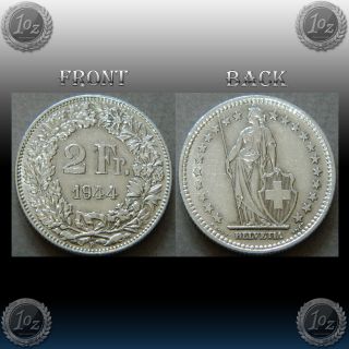 Switzerland Schweiz - 2 Francs 1944 B Silver Coin (km 21) Vf - Xf photo