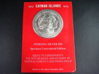 Cayman Islands 1972 $25 Silvercoin Uncirculated 25th Wedding Anniv Of Queen Bu photo