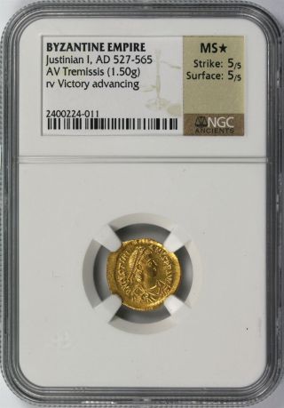 Ancient Byzantine Gold Justinian I Ad 527 - 565 Av Tremissis Ngc Ms photo