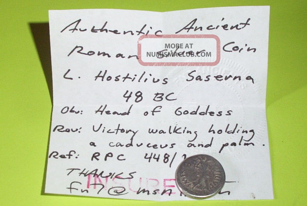 Ancient Roman Silver Coin Angel Caduceus L Hostilius Saserna Vg Vf ...