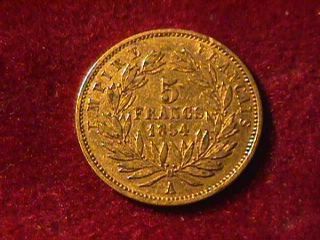 1854 5 Franc Napoleon Iii Gold Coin photo