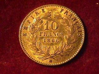 1866 10 Franc Napoleon Iii Gold Coin photo