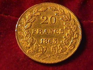 1865 20 Franc Napoleon Iii Gold Coin photo
